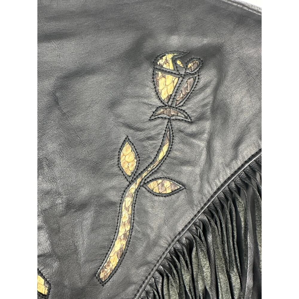 Steer Brand women's vtg black leather western fringe vest embroidered roses L - Picture 5 of 5